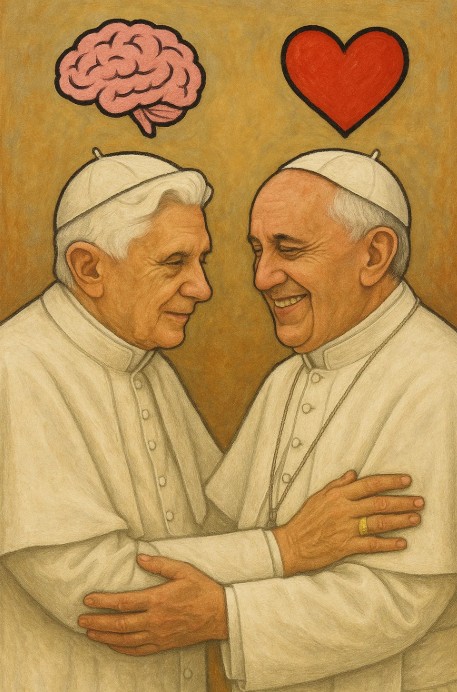 Due Papi, Benedetto XVI e Papa Francesco, si abbracciano sorridendo. Sopra di loro, un cervello simboleggia la mente e un cuore rappresenta l’amore, evocando il dialogo tra razionalità e compassione nella guida spirituale.